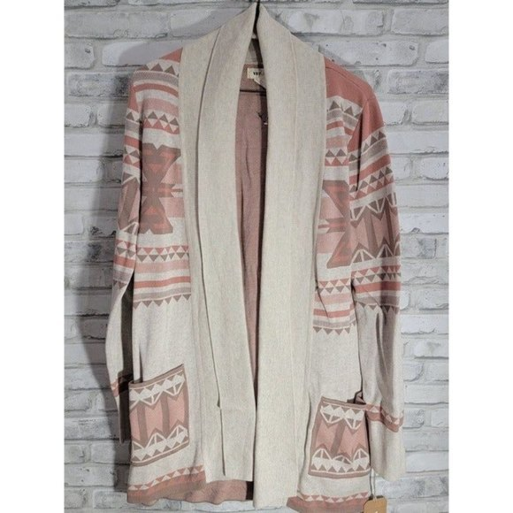 Yes Lola Long Knit Tribal Cardigan‎ Pullover Geometric Tan Rose Brown Large NEW